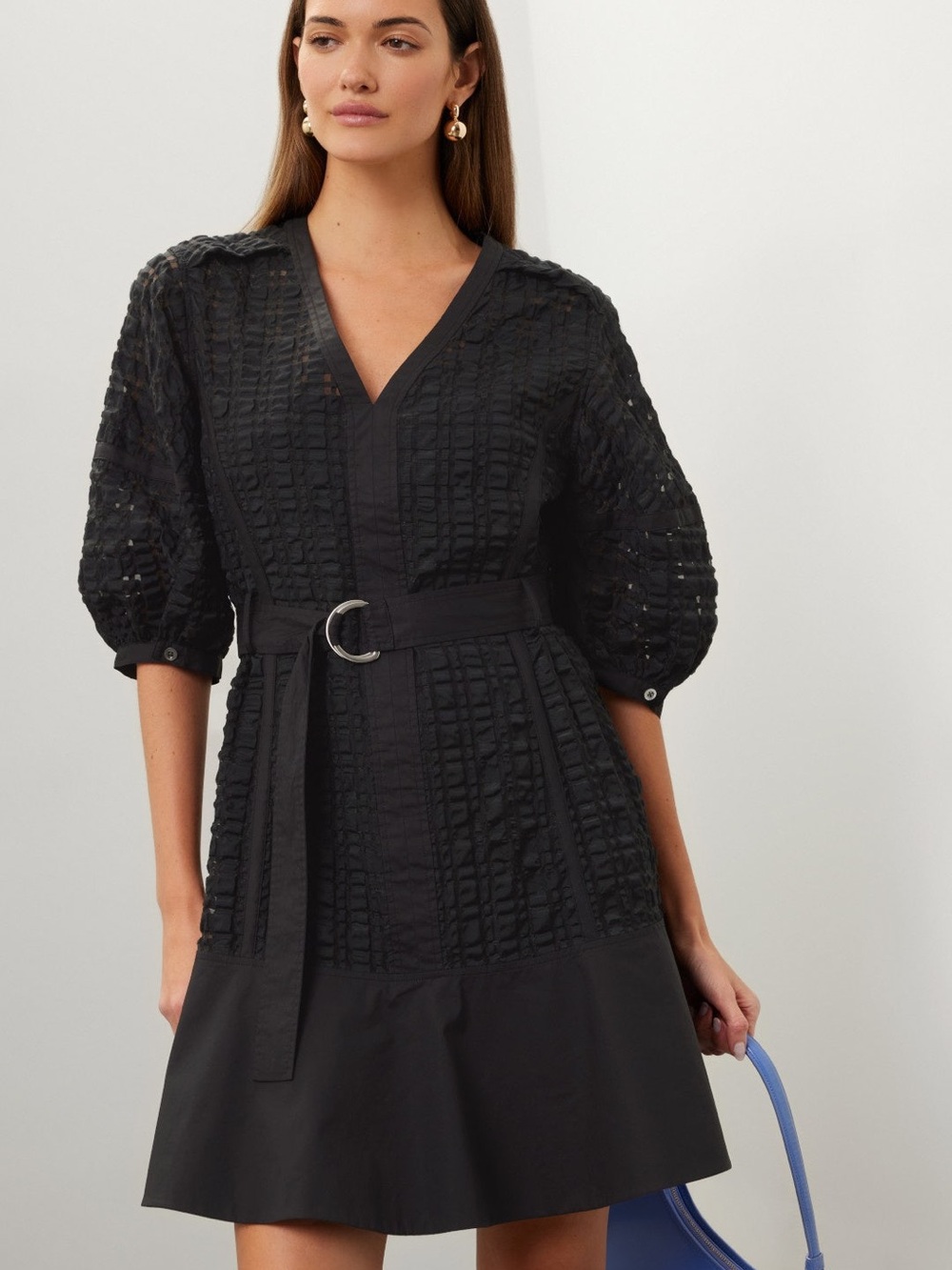 3.1 Phillip Lim Black Textured V‑Neck Mini Dress with Belt